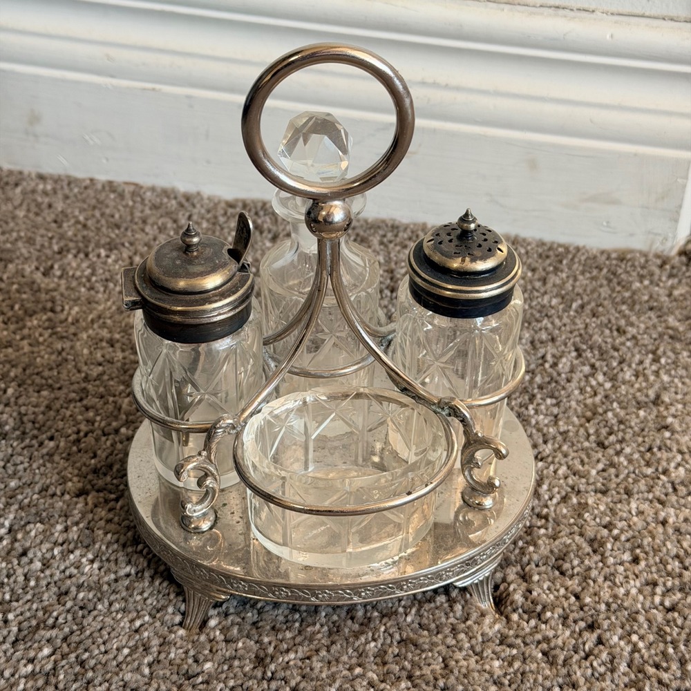 Antique P Bros Silver Plate Cruet Set 4 Cut Glass Bottles Footed Caddy‎ F2548